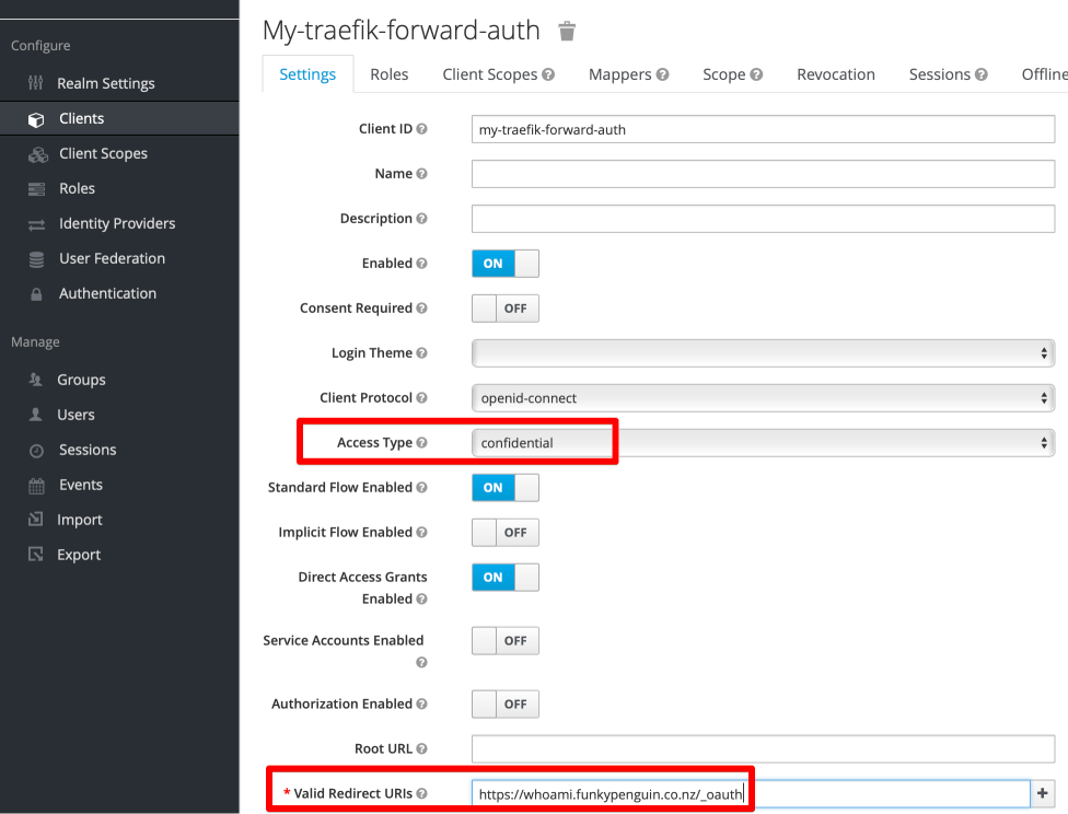 Set Keycloak client to confidential access type, add redirect URIs