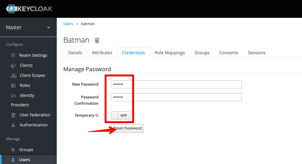 Resetting a user's password in Keycloak